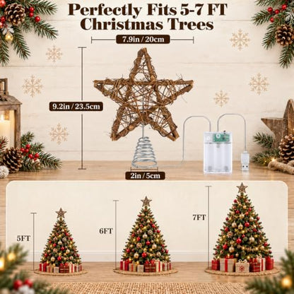 8 Inch Rattan Christmas Tree Topper Star with Warm LED Lights