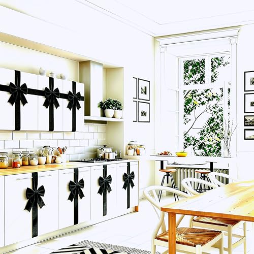 Meseey 4-Pack Black Burlap Cabinet Bows for Farmhouse Kitchen Decor