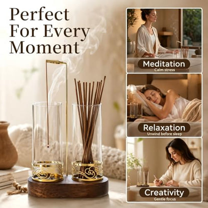 Incense Holder for Stick with Glass Ash Catcher and Anti-Tip Base - Includes 20 Incense Sticks