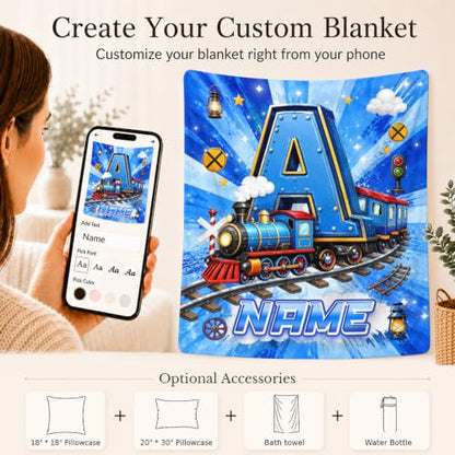 Personalized Kids Blanket for Boys Blue - Custom Train Throw for Toddlers