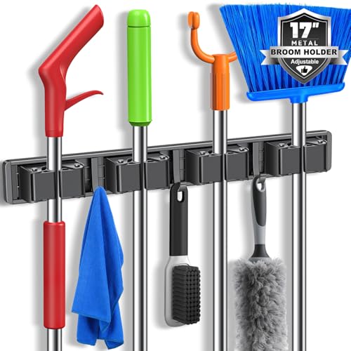 Wall Mount Broom and Mop Organizer with 4 Racks & 3 Hooks - Adjustable, Durable, Indoor Outdoor Storage