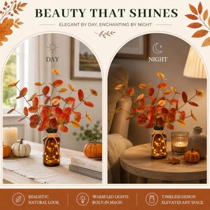 Artificial Eucalyptus in Glass Vase with LED Lights - Orange Fall Decor