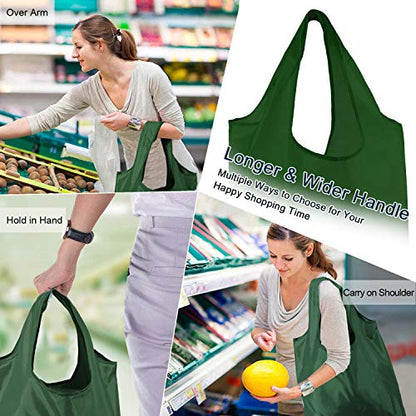BeeGreen Reusable Grocery Bags Bulk Set - Dark Green Foldable & Washable with Zipper Pouch - 50 Pack