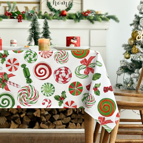 Horaldaily Christmas Tablecloth 60 x 84 Inch Rectangular Candy Cane White