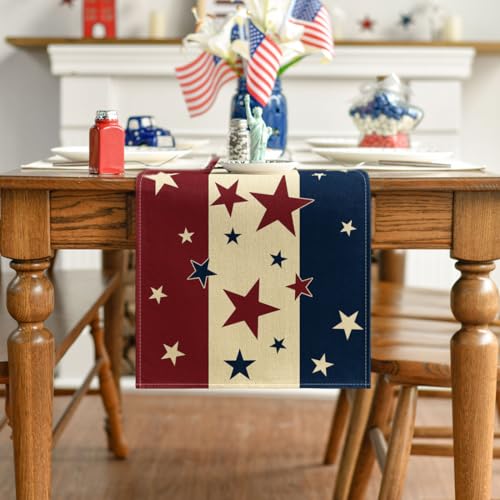 Stars & Stripes 4th of July Patriotic Table Runner 13x120 Inches - Red, Beige, Blue