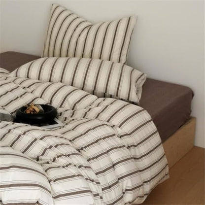 Full Brown Striped Duvet Cover Set - Microfiber Bedding with Pillowcases