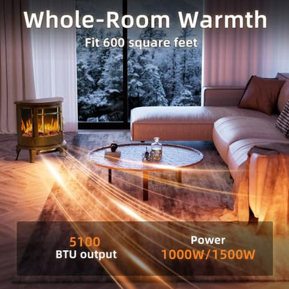 Electric Fireplace Stove with 3D Flame Effect and Walnut Finish - 22.8 Inch