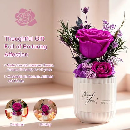 Preserved Flowers in Ceramic Vase - Purple Forever Roses Home Decor