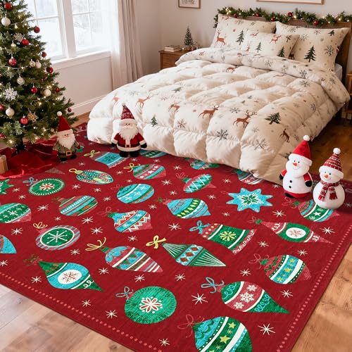 Christmas Rug 5x7 Feet - Red Festive Holiday Decor Non Slip Stain Resistant Low Pile Area Rug with Christmas Balls