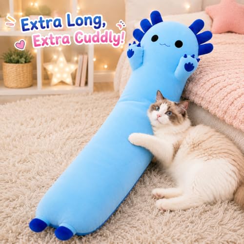 Long Axolotl Plush Pillow 43.3 Inch - Soft Blue Stuffed Animal for Kids & Gift