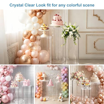 3-Piece Clear Cylinder Pedestal Stands for Weddings & Parties - 23.6, 29.5, 35.4 Inches