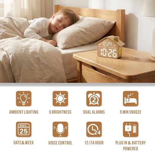 Brown Wooden Digital Alarm Clock with Large Display, Dual Alarms, Ambient Light, Bedroom Decor