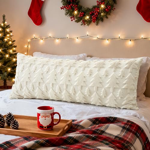 Christmas Throw Pillow Cover 14x36 Inch Faux Fur Wool Tree Design Cream Beige