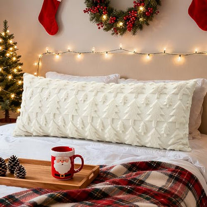 Christmas Throw Pillow Cover 14x36 Inch Faux Fur Wool Tree Design Cream Beige