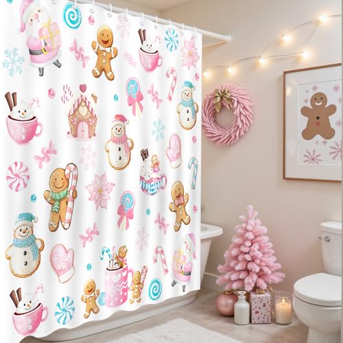 Christmas Shower Curtain 72x72 Inches Snowman Gingerbread Kids Waterproof Fabric Holiday Decor