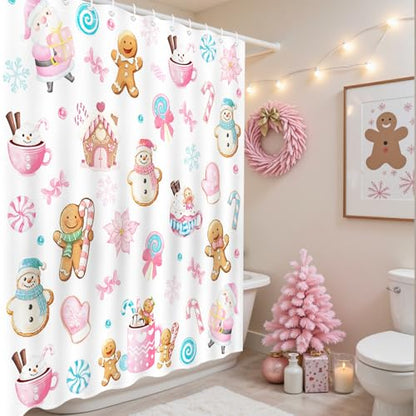 Christmas Shower Curtain 72x72 Inches Snowman Gingerbread Kids Waterproof Fabric Holiday Decor