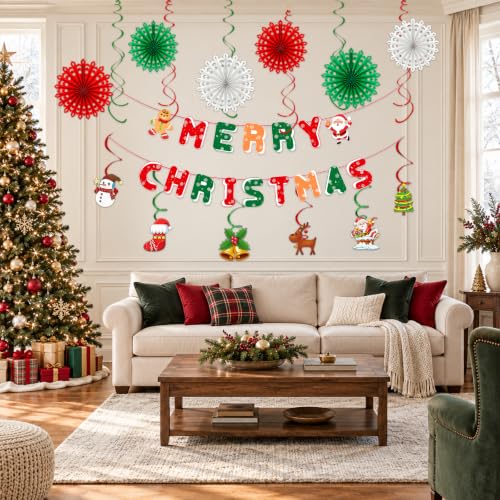Christmas Party Decorations Set with Banner, Paper Fans & Swirls - Red Green Holiday Decor