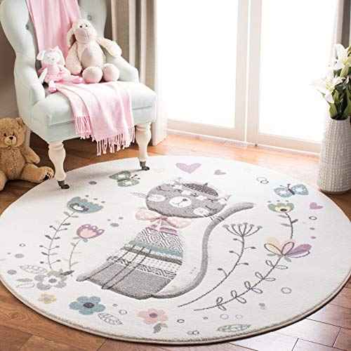 SAFAVIEH Carousel Kids Collection 3' Round Ivory/Pink CRK187A Parisian Floral Cat Non-Shedding Playroom Nursery Bedroom Area Rug