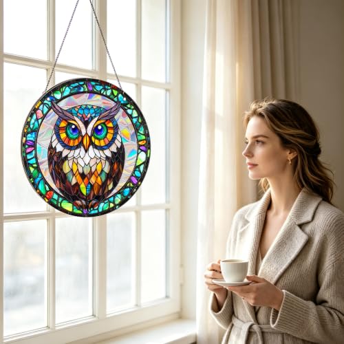 Wise Owl Pattern Sun Catcher - 7.87 Inch Acrylic Window Decor with Chain - Indoor & Garden Wall Art