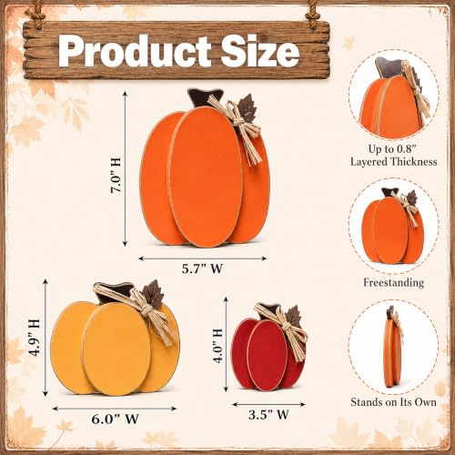 Wooden Pumpkin Fall Decor Set - 3 Rustic Indoor Pumpkins Rich Red Orange Yellow
