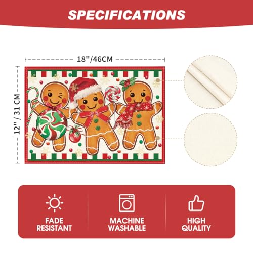 12x18 Inch Christmas Gingerbread Candy Cane Placemats Set of 8 - Holiday Table Decor
