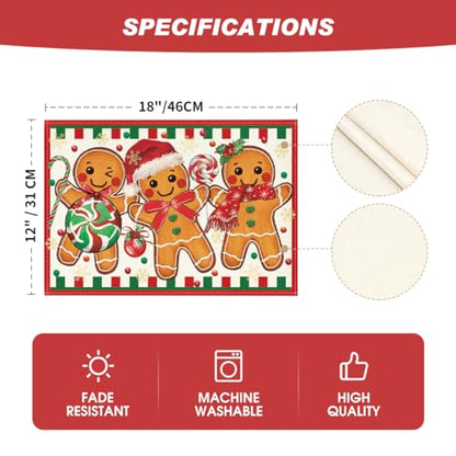 12x18 Inch Christmas Gingerbread Candy Cane Placemats Set of 8 - Holiday Table Decor