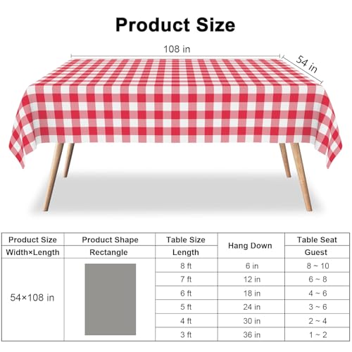 2 Pack Red and White Checkered Plastic Tablecloths 54x108 Inches for Parties