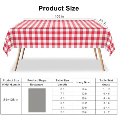 2 Pack Red and White Checkered Plastic Tablecloths 54x108 Inches for Parties