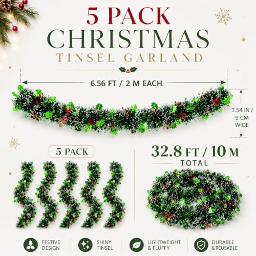 Rainflow 5 Pack Christmas Tinsel Garland - Green & Red Metallic Holiday Decor