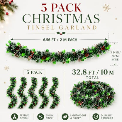 Rainflow 5 Pack Christmas Tinsel Garland - Green & Red Metallic Holiday Decor