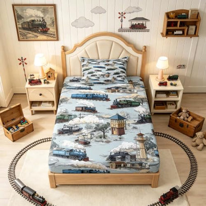 Vintage Steam Engine Twin Fitted Sheet Set for Kids - Gray Blue, Deep Pocket 2Pcs with Pillowcase