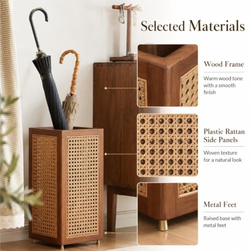 Plastic Rattan Umbrella Stand for Entryway, Tall Square Holder Basket with Drip Tray