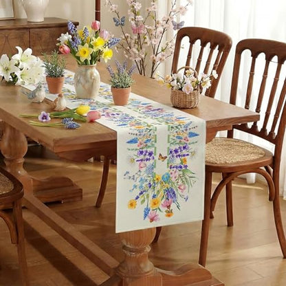 Spring Floral Linen Table Runner - Calendula & Lavender Farmhouse Decor, 13x72 Inch - Spring Home & Party Decoration - Variation of SpringB / 13x72 Inch