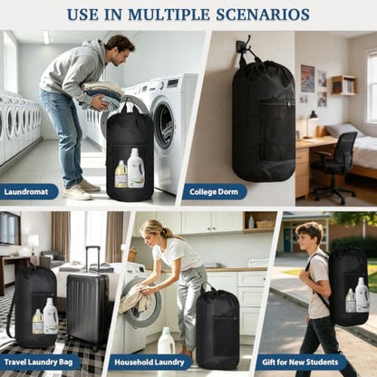 Large Black Laundry Bag for Dorm & Travel - Heavy-Duty Waterproof 13x29 Inches
