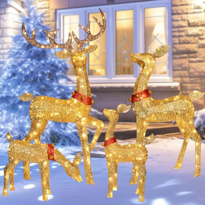 Outdoor Reindeer Family Christmas Decorations Set with 245 LED Lights - Gold