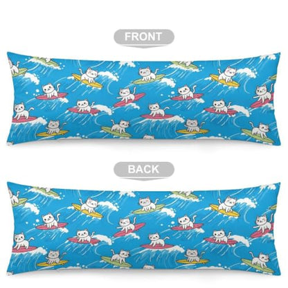 Cute Cat Surfing Body Pillow Cover 20x54 Inches Blue Waves Zipper Bed Decor - Style-3
