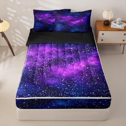 Purple Galaxy Twin Comforter Set with Zippered Fitted Sheet & Pillowcases - Space Universe Bedding
