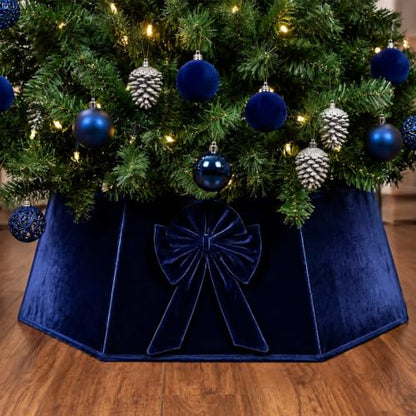 Navy Blue Velvet Hexagonal Christmas Tree Collar with Bow 24 Inch - Skylety