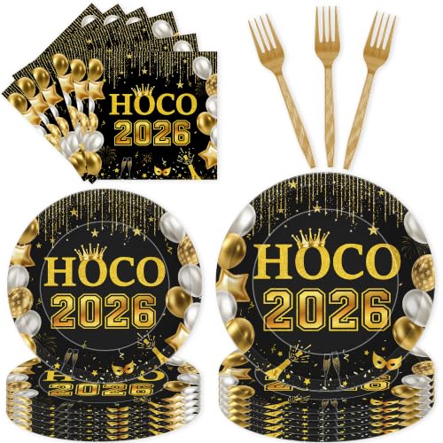 Black Gold HOCO 2026 Homecoming Decorations 96-Piece Party Set for 24 Guests