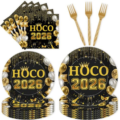 Black Gold HOCO 2026 Homecoming Decorations 96-Piece Party Set for 24 Guests