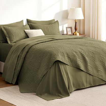 King Size Quilt Set with Sheet Set - Coin Pattern Green, 7 Pieces