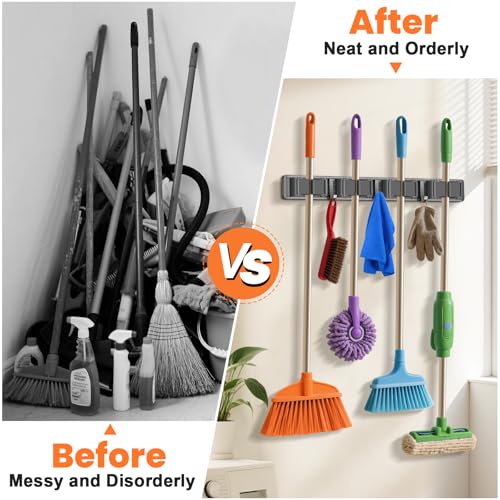 Wall Mount Broom and Mop Organizer with 4 Racks & 3 Hooks - Adjustable, Durable, Indoor Outdoor Storage