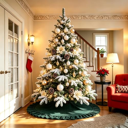 48 Inch Green Knitted Christmas Tree Skirt with Ruffled Edges - Holiday Decor