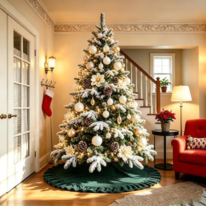 48 Inch Green Knitted Christmas Tree Skirt with Ruffled Edges - Holiday Decor