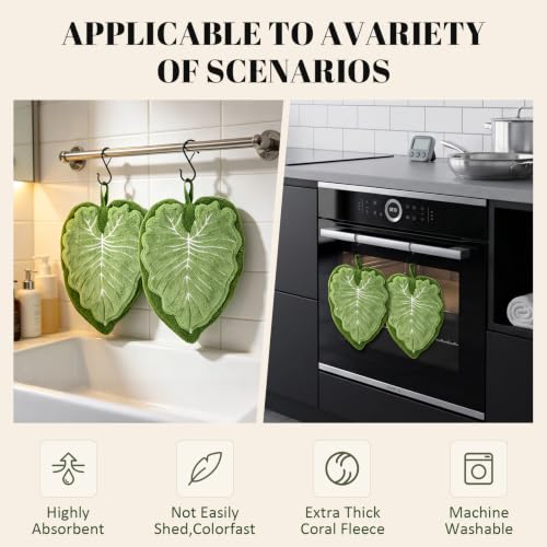 Green Leaf Shaped Hanging Hand Towels with Loops - Light Green 2pcs