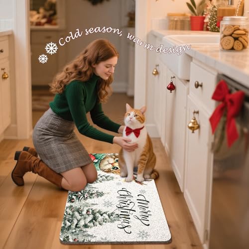 Merry Christmas Tree Cat Door Mat with Snowflake Winter Design - 17x30 Inches - Outside Entrance Welcome Mat - Indoor & Outdoor Use - Variations of THIS listing