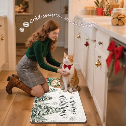 Merry Christmas Tree Cat Door Mat with Snowflake Winter Design - 17x30 Inches - Outside Entrance Welcome Mat - Indoor & Outdoor Use - Variations of THIS listing