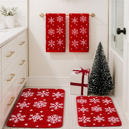 Gilprop Snowflake Christmas Bathroom Rugs and Towels Set - Red & White, 4 Pieces - Variation of Snowflake