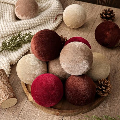 Velvet Christmas Tree Ornaments Set - Large Red, Brown & Beige Holiday Decorations, 16 pcs