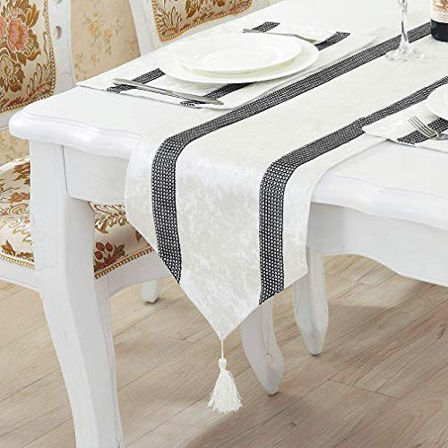 Cream White 13x98 Inch Sequin Rhinestone Table Runner with Tassels - Handmade